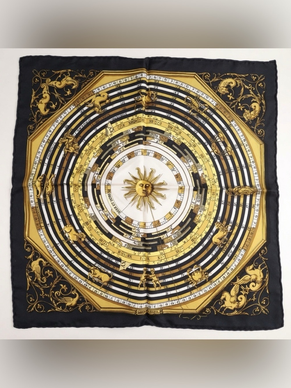 Authentic Hermes Black & Gold Zodiac Sun Silk Scarf 45